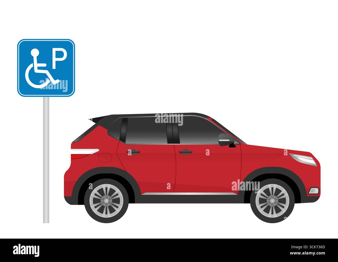 Auto parkt am Behindertenparkplatz. Behindertenparkplatz. Rollstuhlparkplatz für Behinderte. Vektorabbildung. Stock Vektor