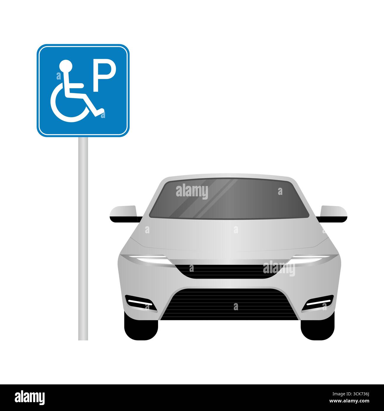 Auto parkt am Behindertenparkplatz. Behindertenparkplatz. Rollstuhlparkplatz für Behinderte. Vektorabbildung. Stock Vektor