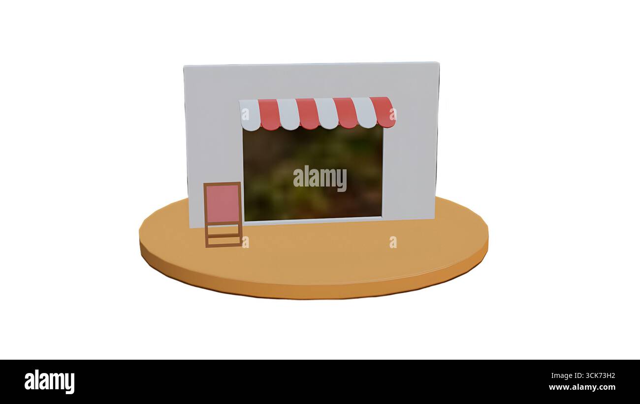 Ein einfaches Schaufenstermodell mit gestreiftem Markise und offener Tür, das ein einladendes Einkaufsumfeld andeutet. Stockfoto