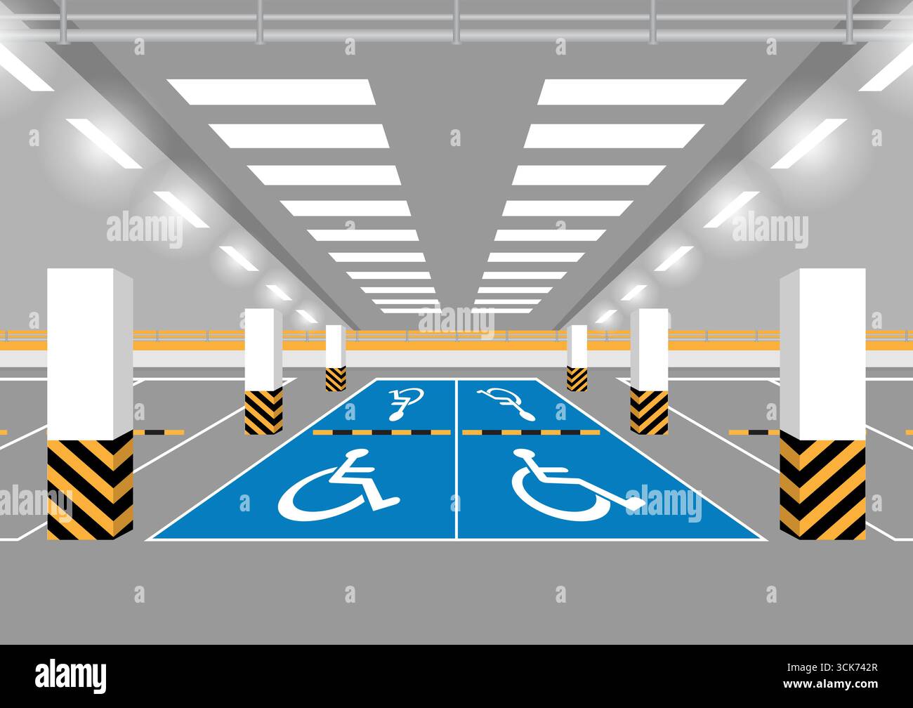 Behindertenparkplatz. Behindertenparkplatz. Rollstuhlparkplatz für Behinderte. Vektorabbildung. Stock Vektor