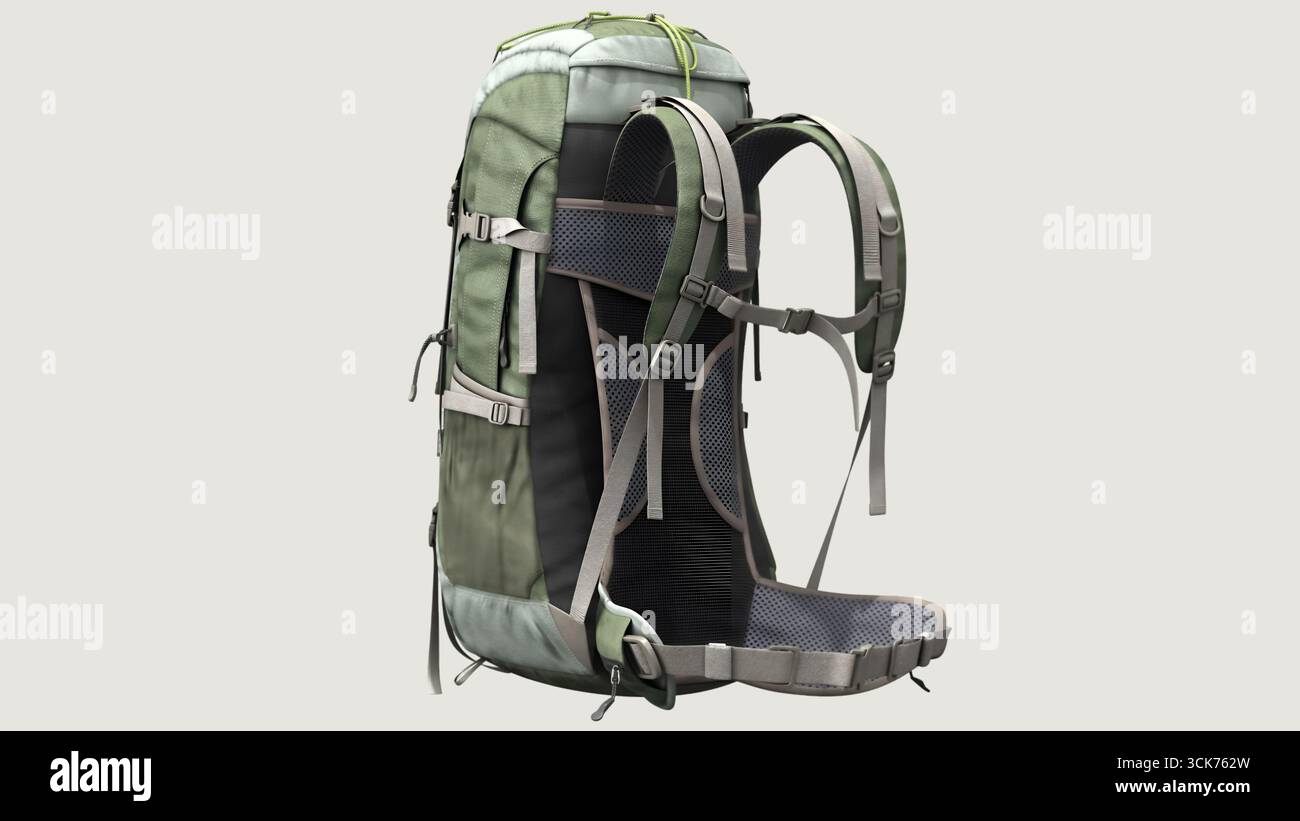 Dieser ergonomische grüne Rucksack verfügt über einen belüfteten Rückeneinsatz für Komfort bei langen Wanderungen. Dank seiner robusten Materialien eignet er sich für Outdoor-Anwendungen Stockfoto