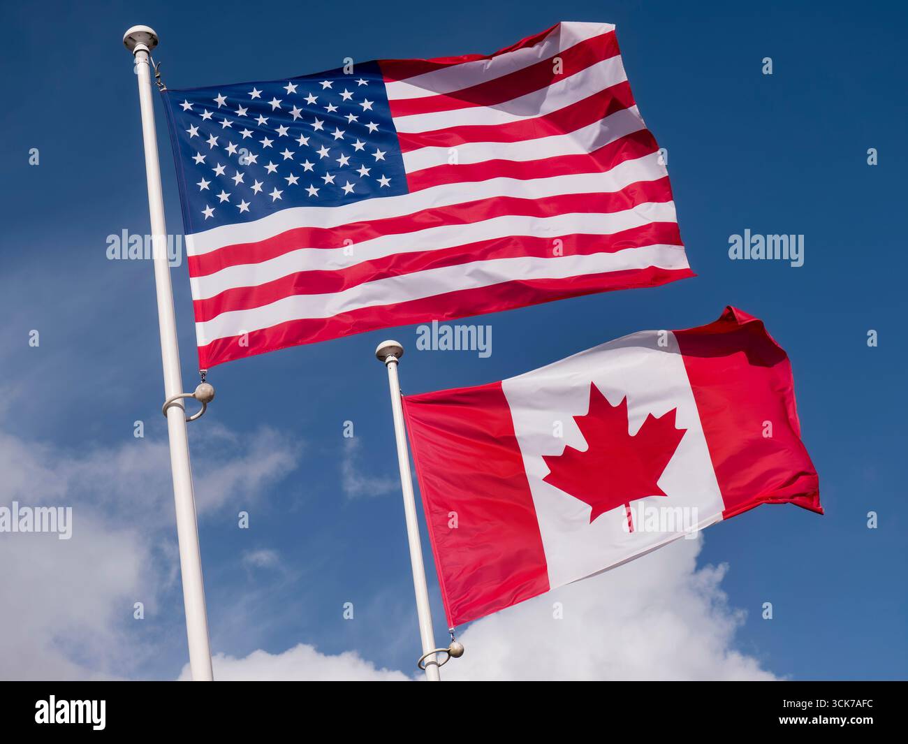 Amerikanische Flagge mit kanadischer Flagge im Wind, Wolken und blauem Himmel dahinter. Die Stars and Stripes und die Maple Leaf Flags USA/KANADA Stockfoto