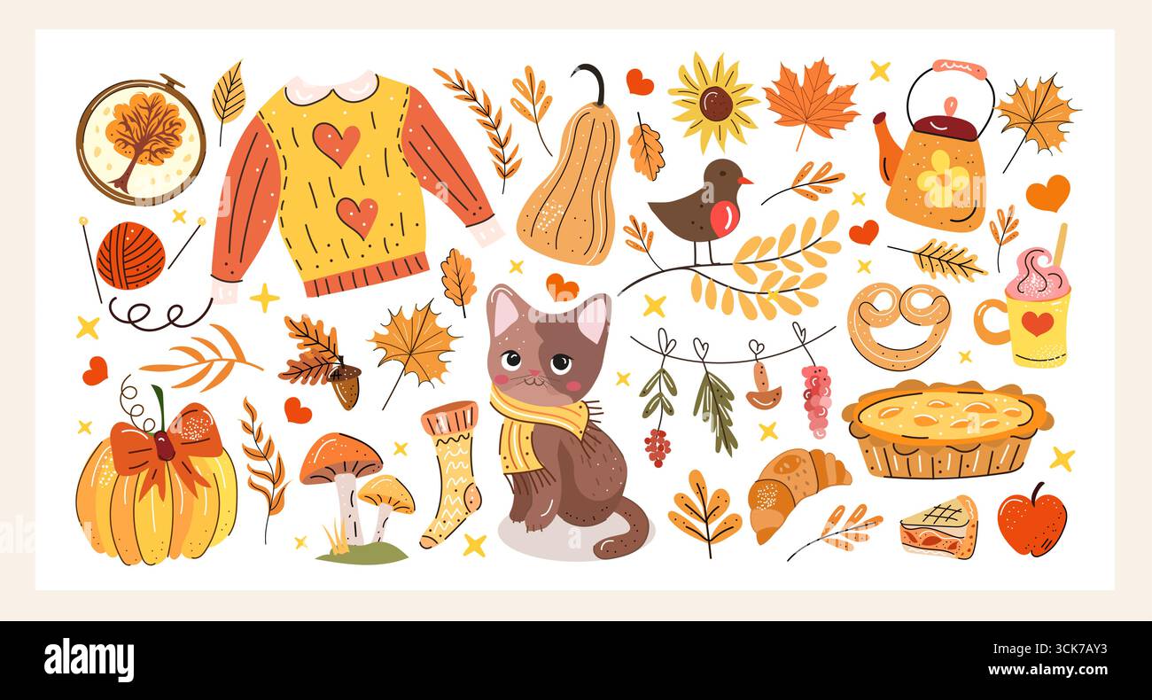 Vektorsatz von Herbstcartoon-Charakteren, Pflanzen und Blättern. Herbstsaison. Kollektion für Design und Autunm Dekoration. Vektor Herbst Set, Blätter Stock Vektor