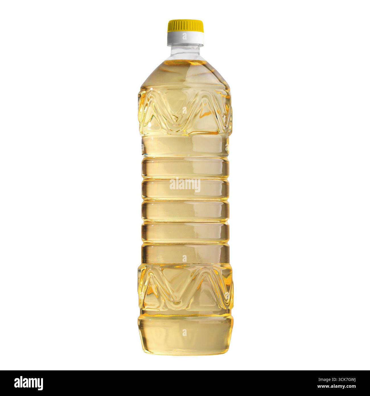 Eine durchsichtige Plastikflasche gefüllt mit gelbem Speiseöl, für den kulinarischen Gebrauch. Stockfoto