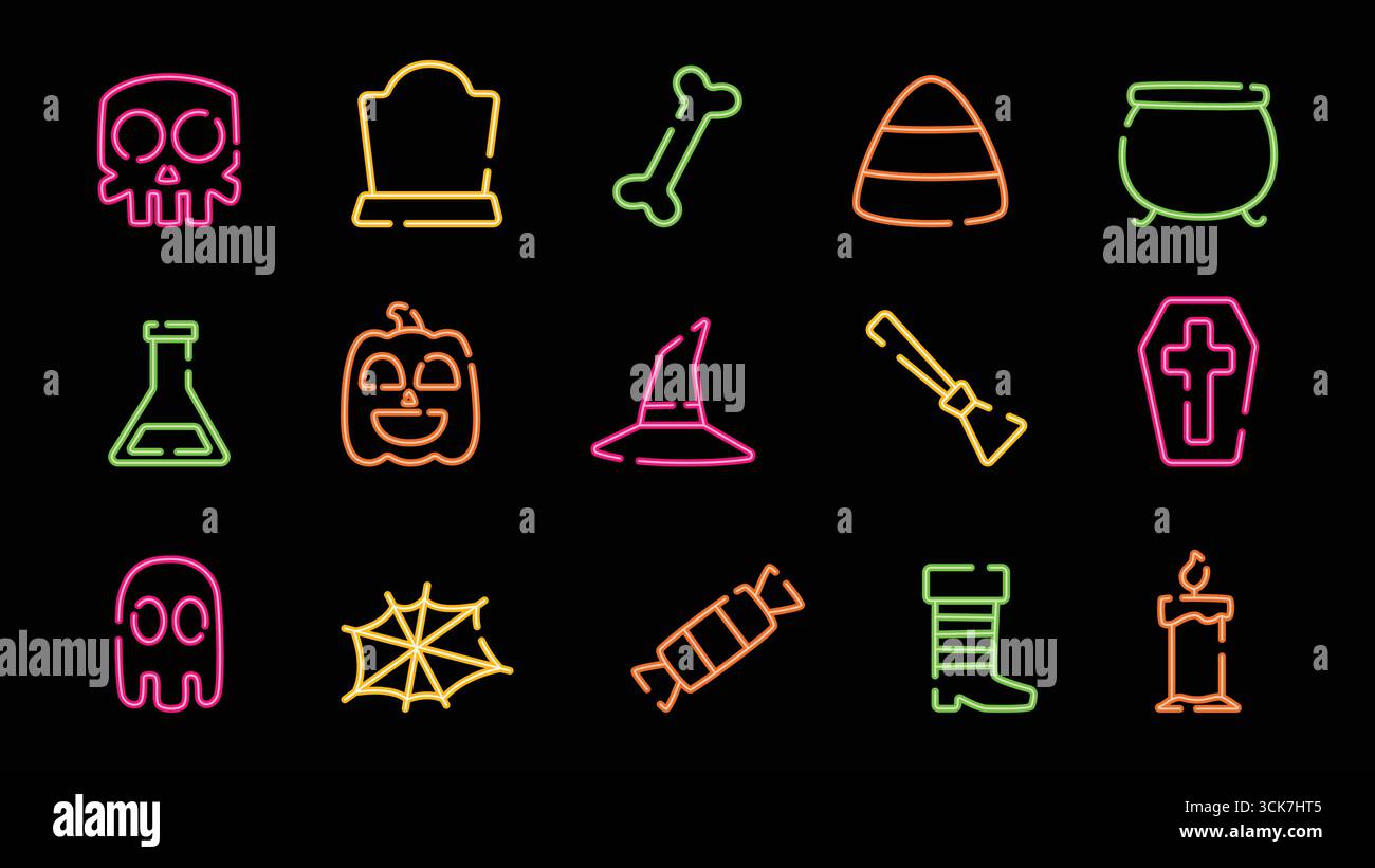 Neon Halloween-Symbol auf schwarzem Hintergrund mit saisonalen Objekten und Elementen wie Kürbis, Geist, Kessel, Grabstein und mehr. Stock Vektor