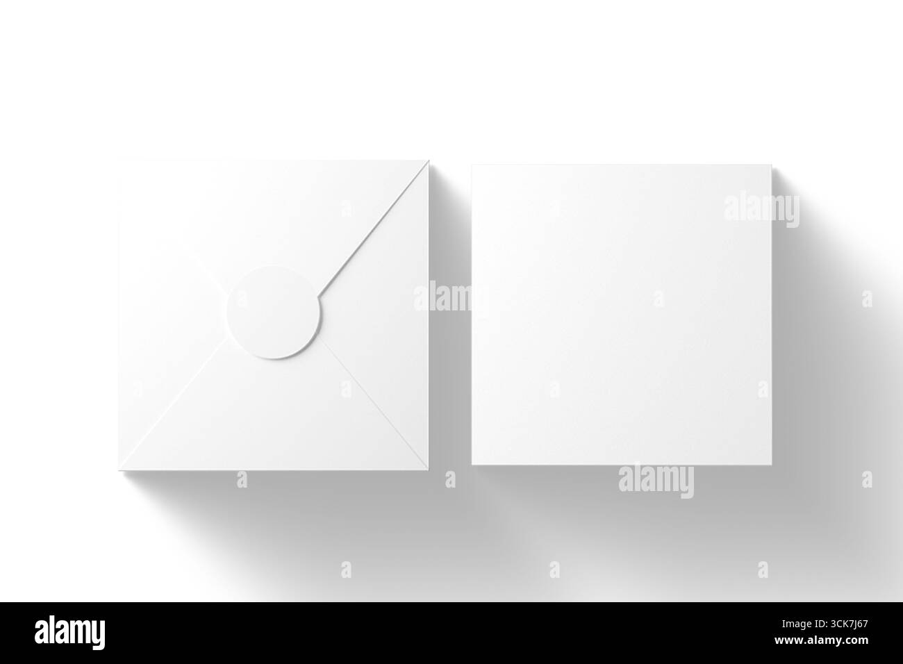 Ein minimalistisches Design mit einem weißen Umschlag und einer quadratischen Box auf einem sauberen Hintergrund. Stockfoto