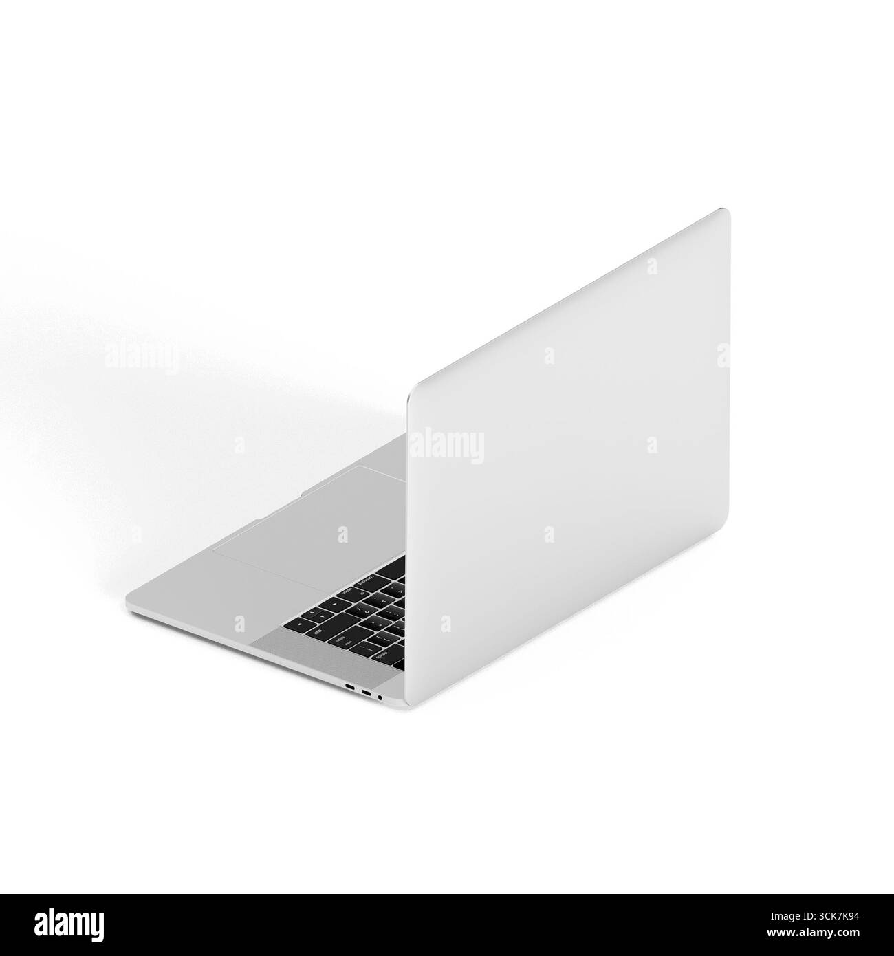 Ein schlankes, modernes Notebook, das in einem Winkel positioniert ist und sein minimalistisches Design und seine Funktionalität bietet. Stockfoto