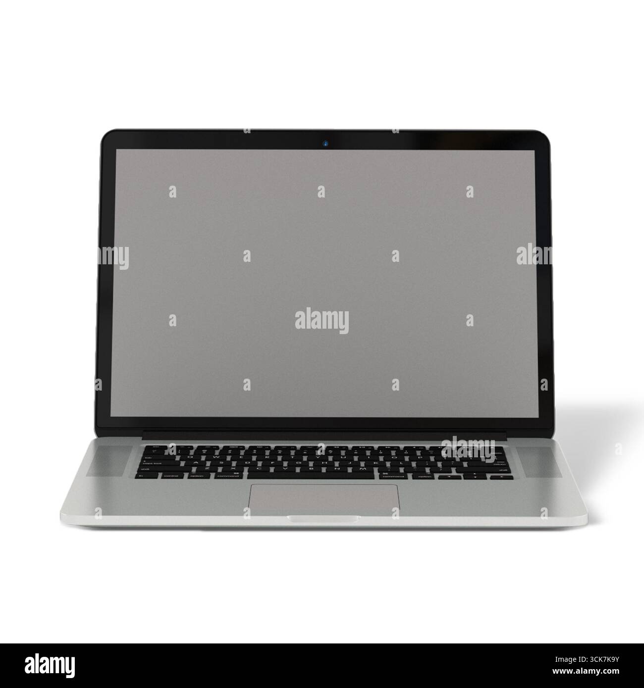 Ein schlankes, modernes Notebook mit leerem Bildschirm, das für verschiedene digitale Aufgaben bereit ist. Stockfoto