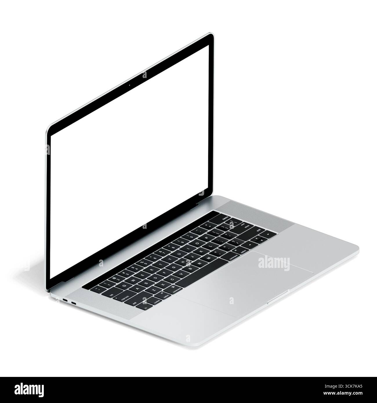 Ein schlankes, offenes Notebook mit leerem Bildschirm, ideal für Arbeit oder kreative Aufgaben. Stockfoto