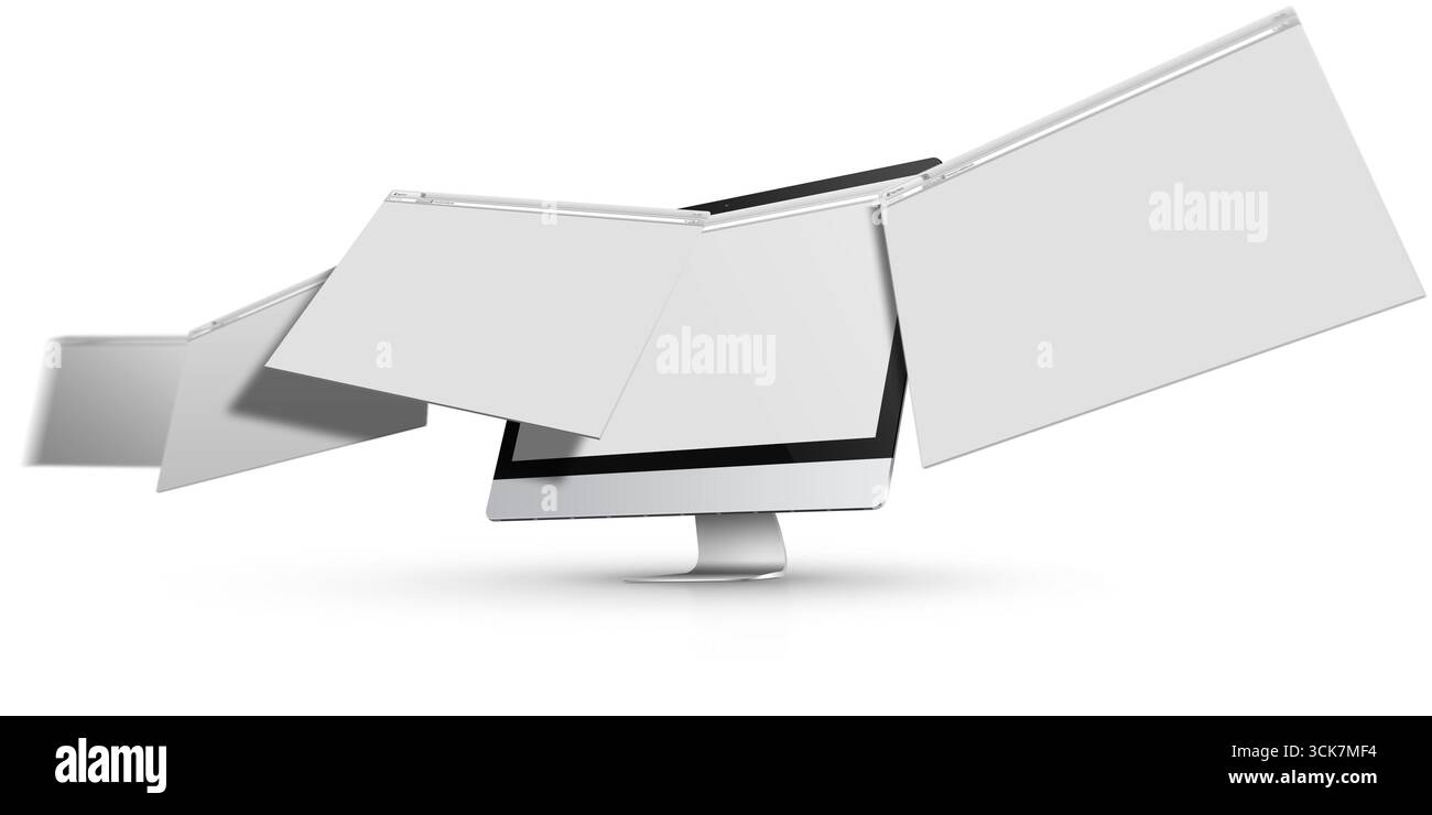 Ein Computermonitor mit mehreren leeren Bildschirmen, die schweben, was auf einen digitalen Arbeitsbereich oder Multitasking hindeutet. Stockfoto