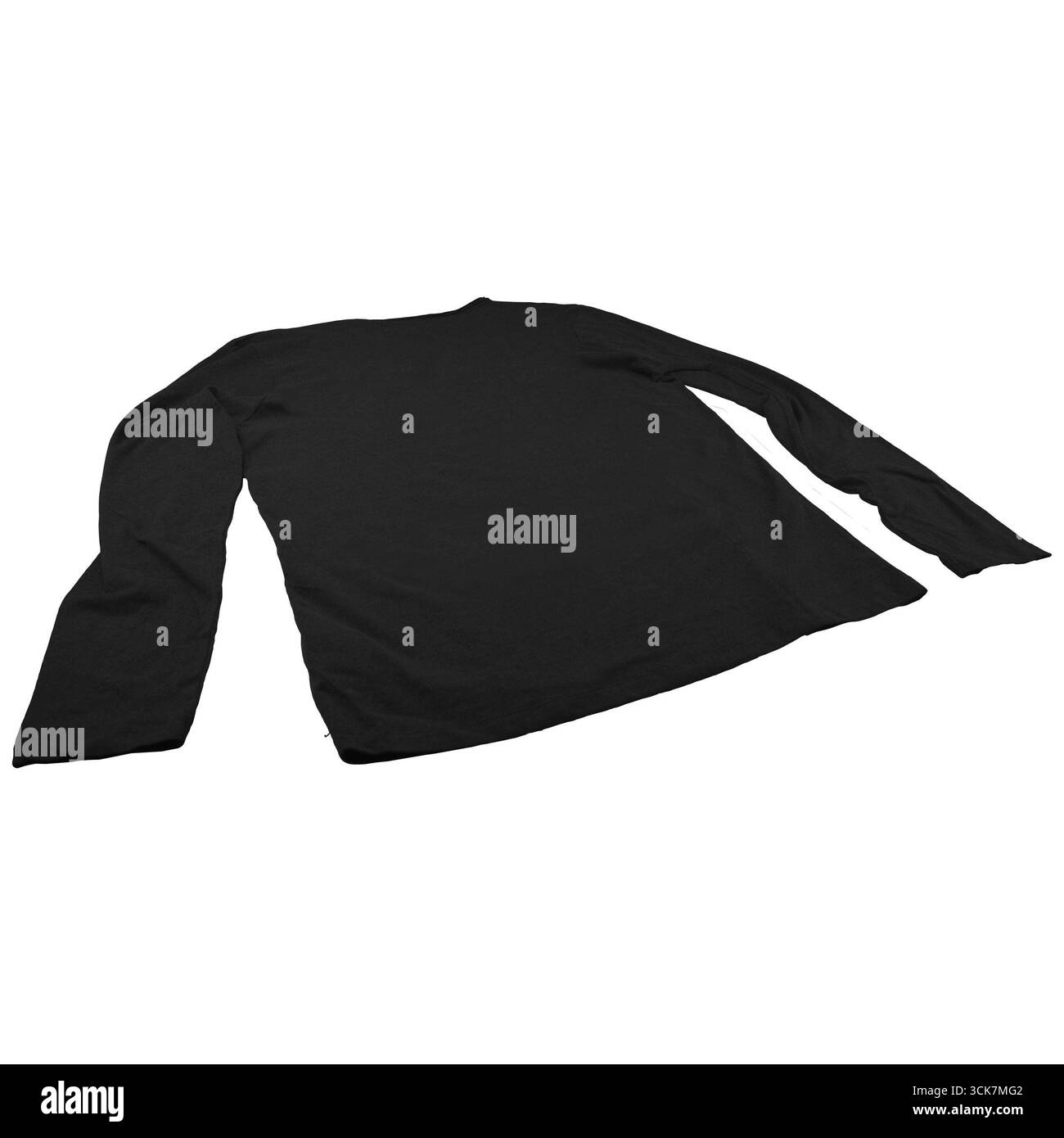 Ein schwarzes langärmeliges Hemd zeigt sich flach und zeigt sein schlichtes Design und seine Stoffstruktur. Stockfoto