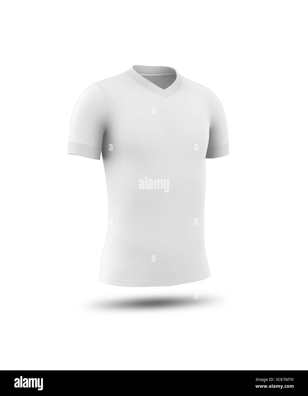 Ein einfarbiges, weißes kurzärmliges T-Shirt mit V-Ausschnitt, das in einer Schwimmposition dargestellt wird. Stockfoto