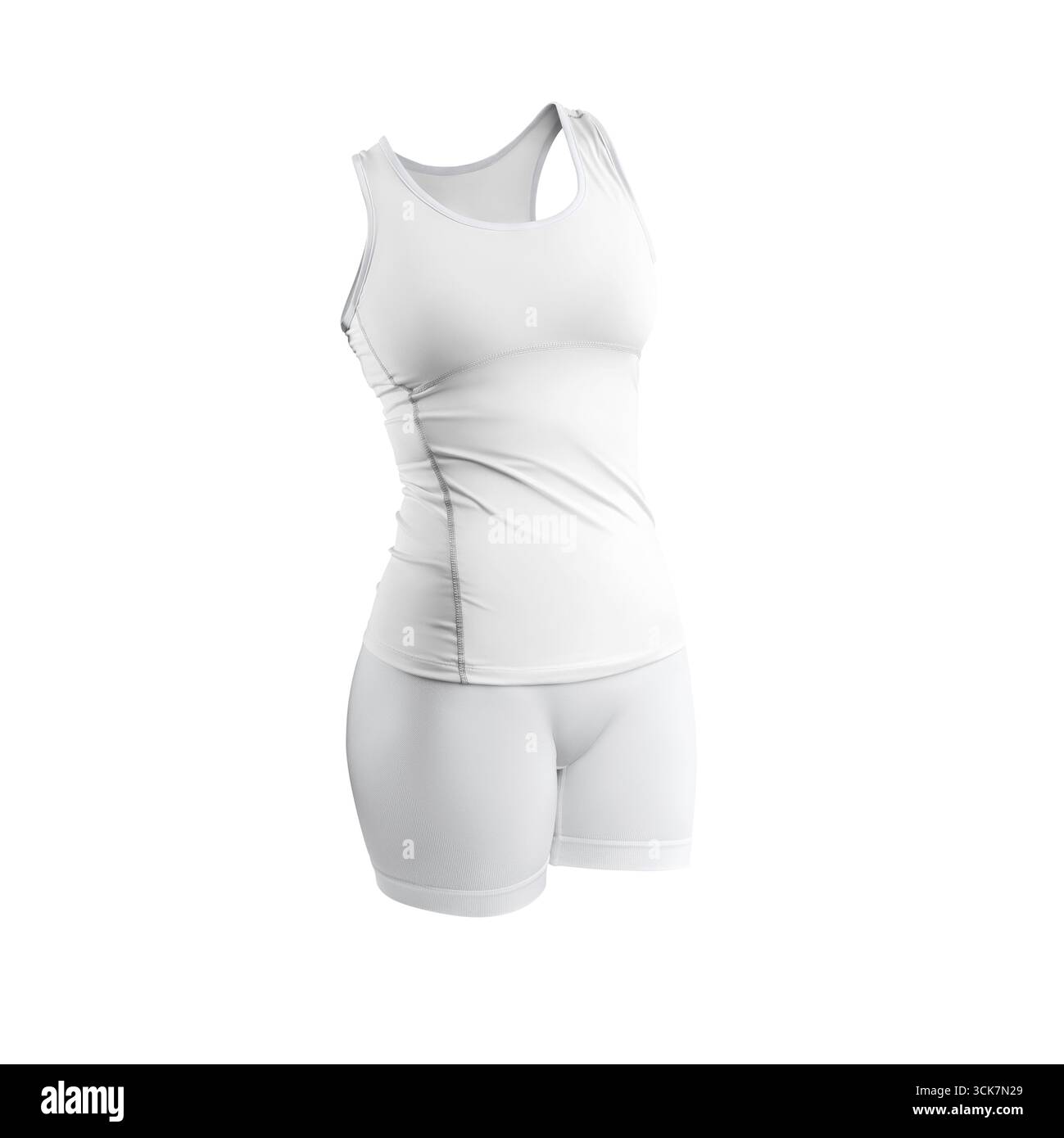 Ein weißes, sportliches Tanktop und Shorts für Sport- und Fitnessaktivitäten. Stockfoto
