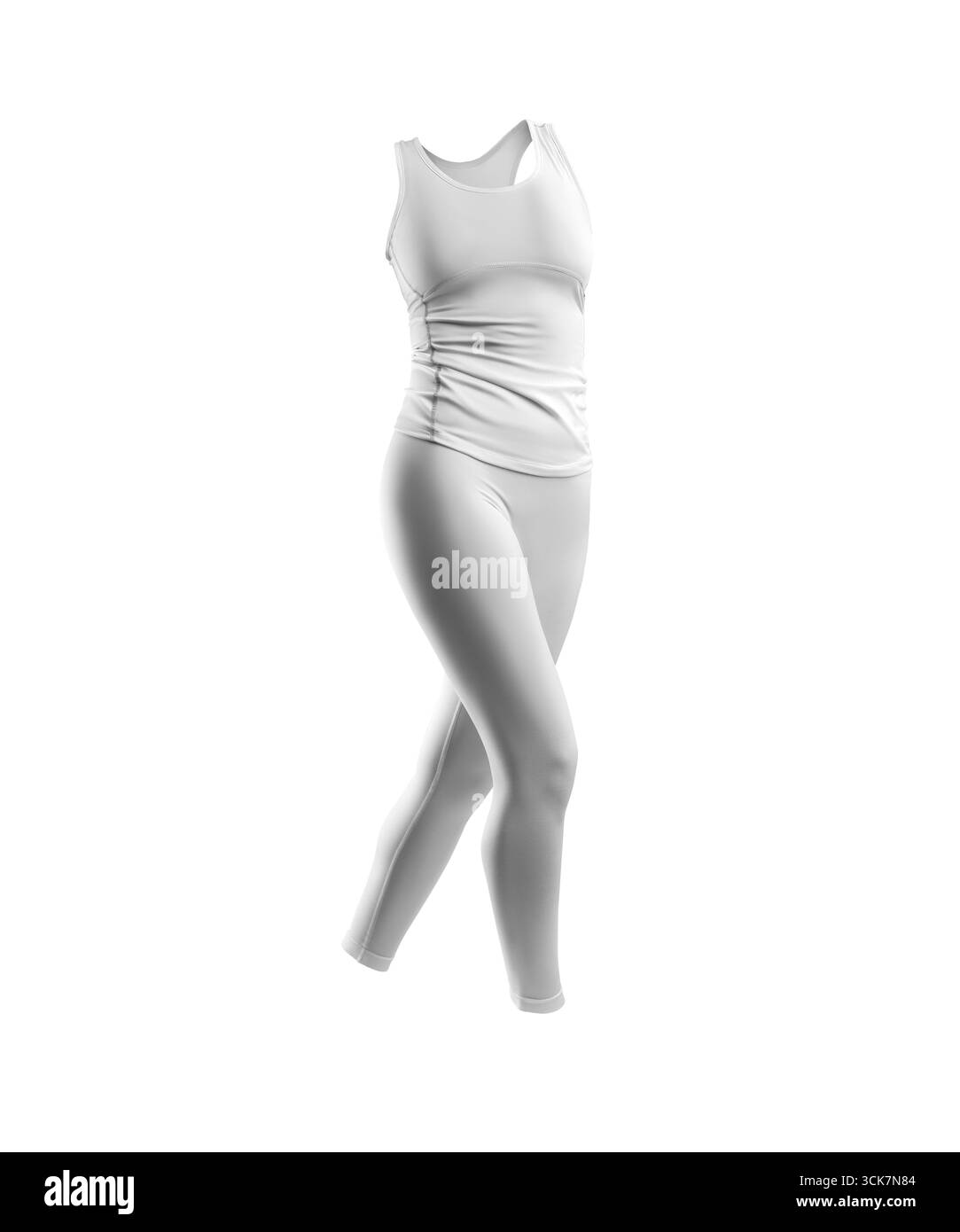 Ein weißes, passgenaues Outfit auf einer Schaufensterpuppe, das sportliche Kleidung zeigt. Stockfoto