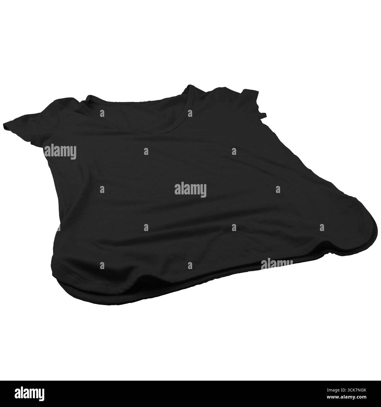 Ein flaches, schwarzes T-Shirt auf einer Oberfläche, das seinen Stoff und seine Form zeigt. Stockfoto