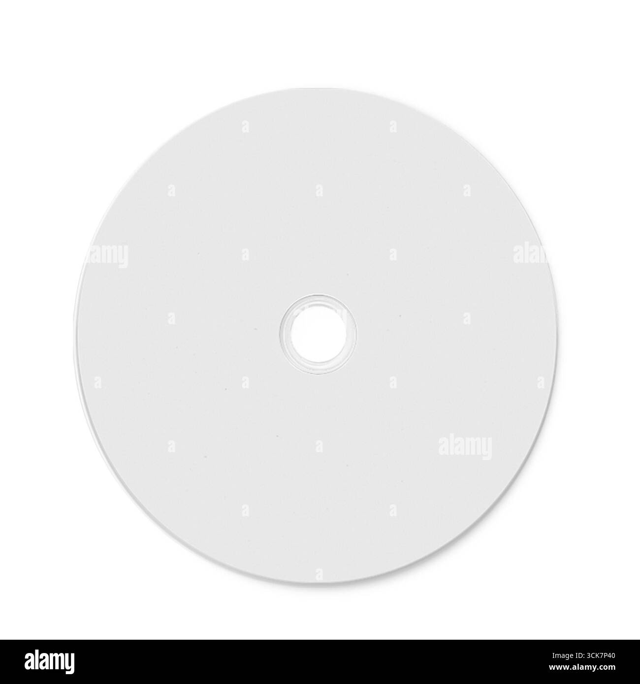 Eine einfache weiße CD oder CD mit einer zentralen Öffnung, die häufig für Datenspeicherung oder Medien verwendet wird. Stockfoto