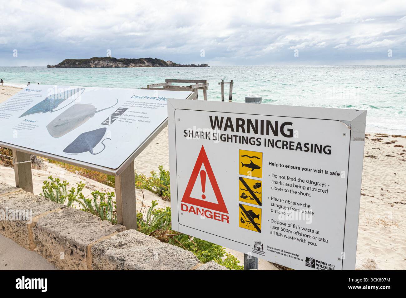 Warnhinweis zu Haien am Hamelin Bay Beach, in der Nähe von Karridale, Margaret River Region, Shire of Augusta in der SW Region von Western Australia, WA Stockfoto