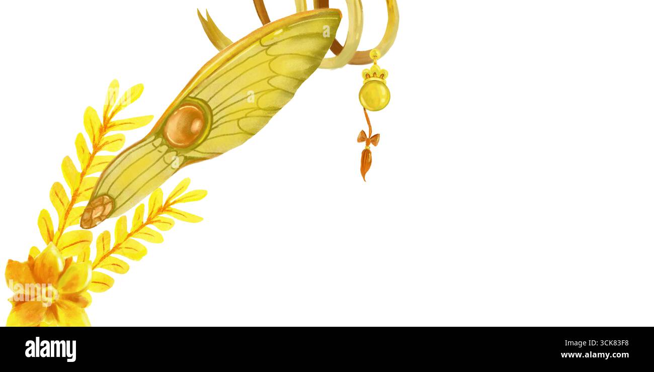 Feenflügel, goldener Ohrring mit Perle, Band und Blume und Blättern. Magische Dinge für Hexen und Zauberer. Aquarellbild. Für Vintage und Retro Stockfoto