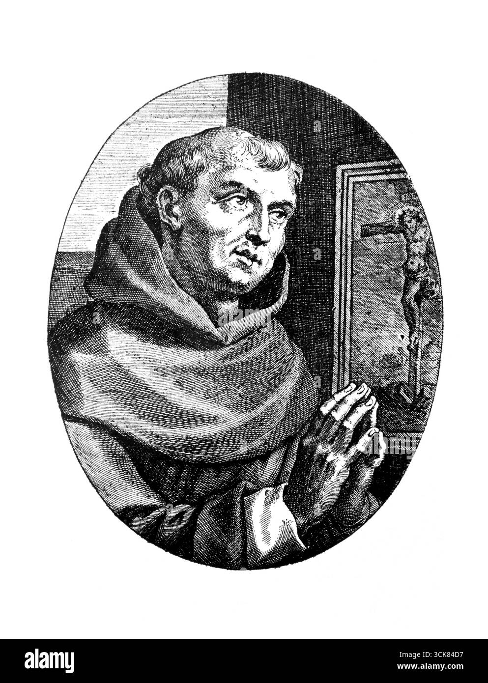 Illustration des Heiligen Nikolaus von Tolentino (Heiliger aus dem 13. Jahrhundert), der seinen Geist der Mortifizierung aus der Liebe des Kreuzes aus einer Ausgabe von 1902 zeichnet Stockfoto