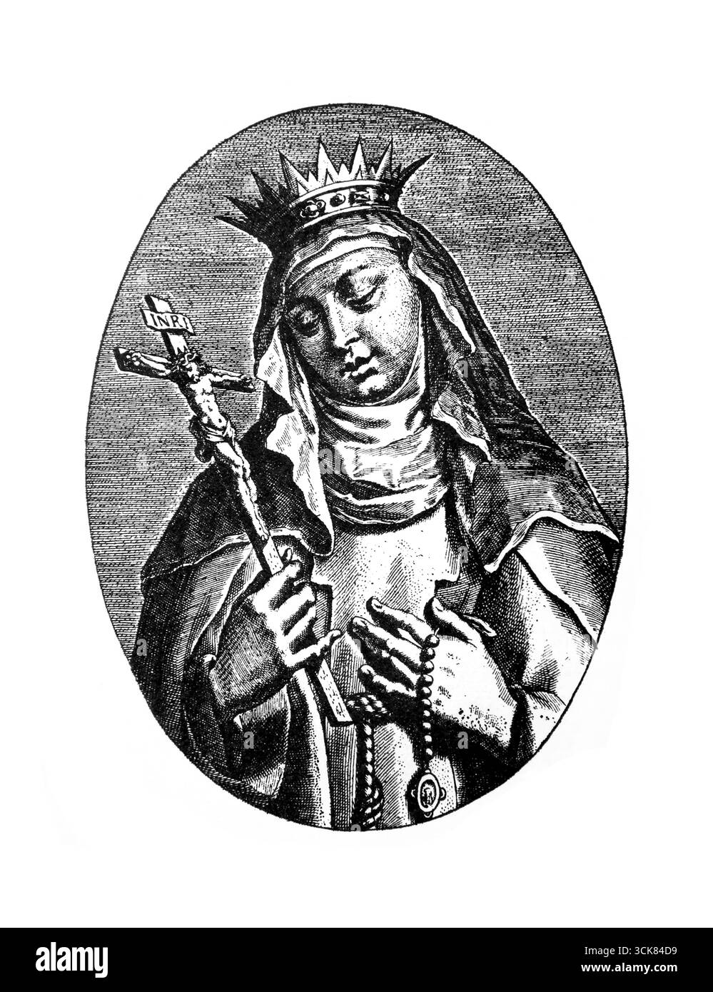 Abbildung der heiligen Joanna von Valois, die ihr Kruzifix ansieht, rezitiert ihre Krone aus dem Relief in der Abtei von Liessies freudig aus einem 1902. ed Stockfoto