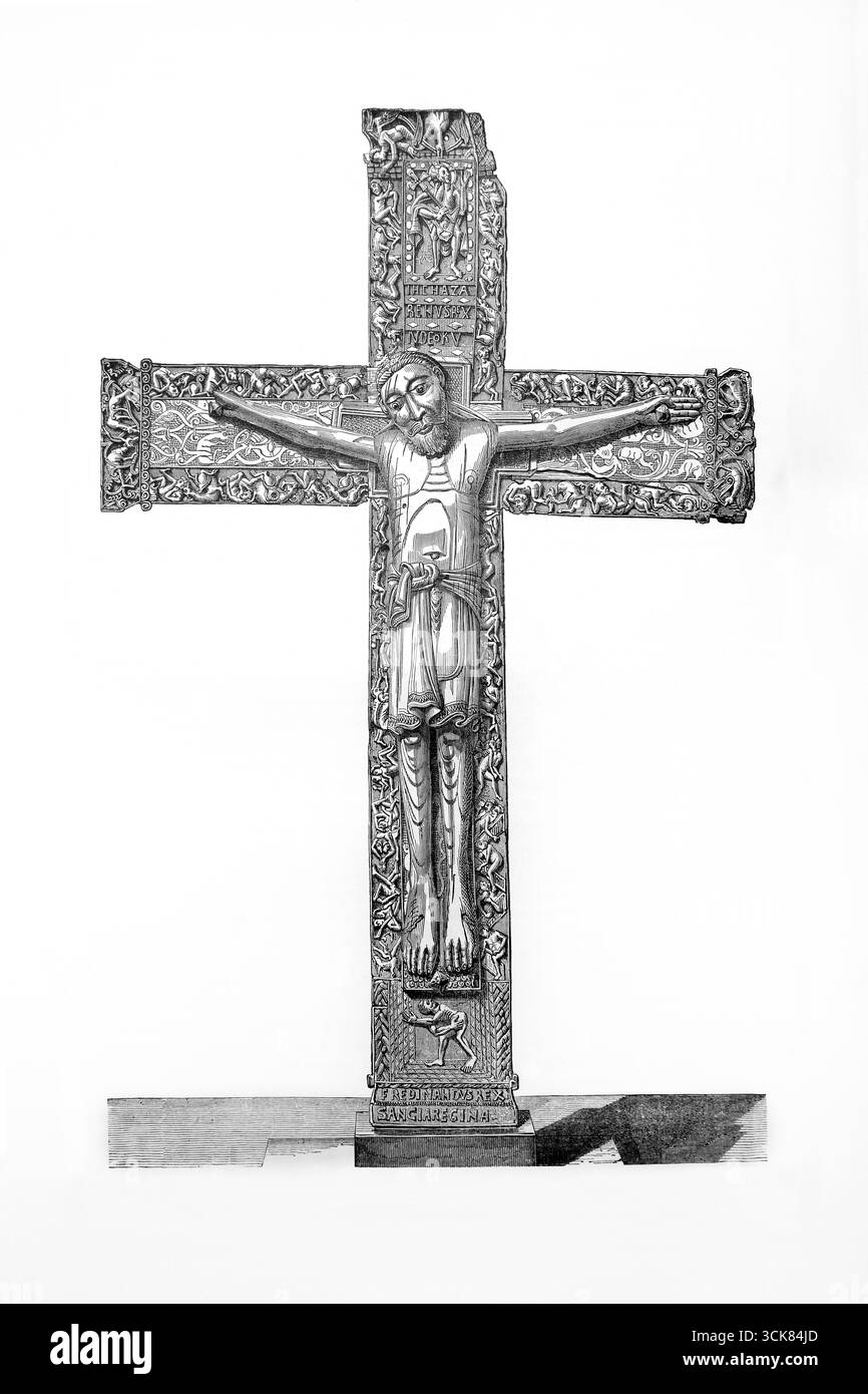 Illustration des Kreuzes von Ferdinand und Sancha der Kathedrale von Leon mit einer Darstellung von Adam zu Füßen Jesu Christi im Museum von Madrid Stockfoto