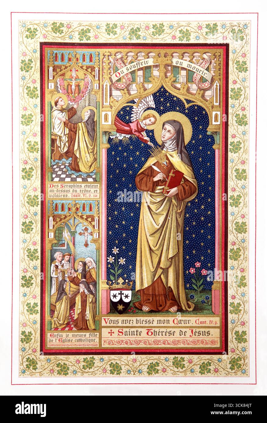Illustration der heiligen Teresa von Avila Transverberation dargestellt als Engel, der ihr Herz mit einem feurigen Pfeil aus einer Ausgabe von Le crucifix S aus dem Jahr 1902 durchstochen hat Stockfoto