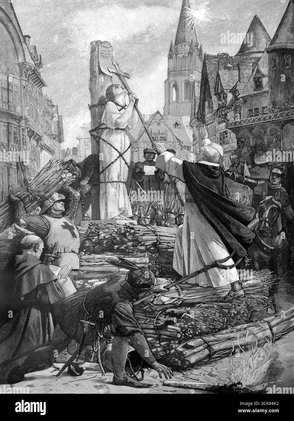 Joan d'Arc auf dem Scheiterhaufen Mut aus dem Anblick des Kruzifix-Wandgemäldes im Pantheon von J. E. Lenepveu 1889 (aus La france Illustree) Stockfoto