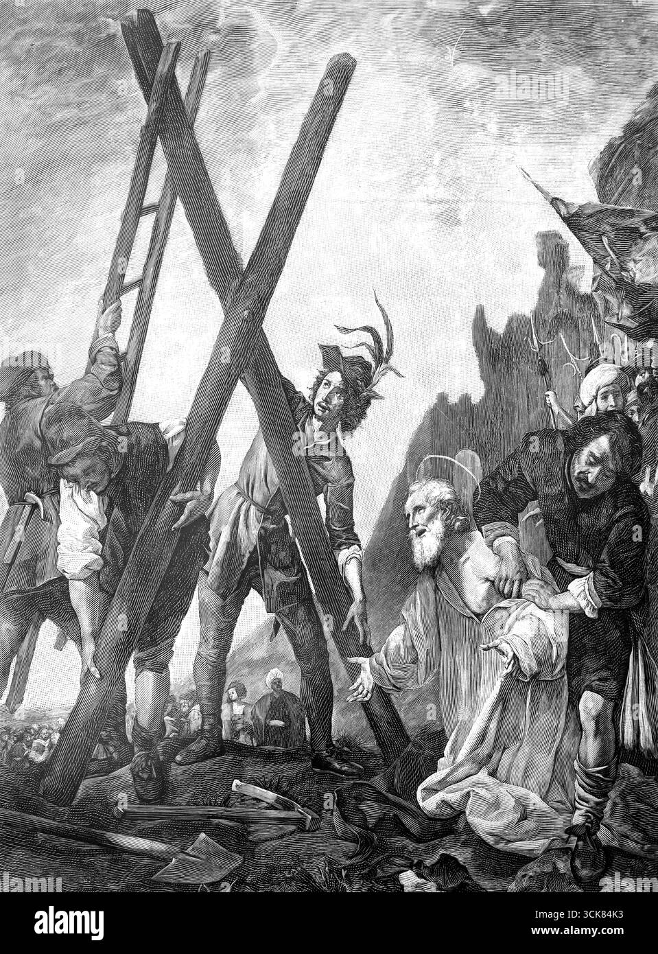 Illustration des Heiligen Andreas, der vor seiner Kreuzigung am Kreuz von Saltyre kniete, aus einer 1902 erschienenen Ausgabe von Le crucifix Sans l'Historie, Sans l'Art sans Stockfoto