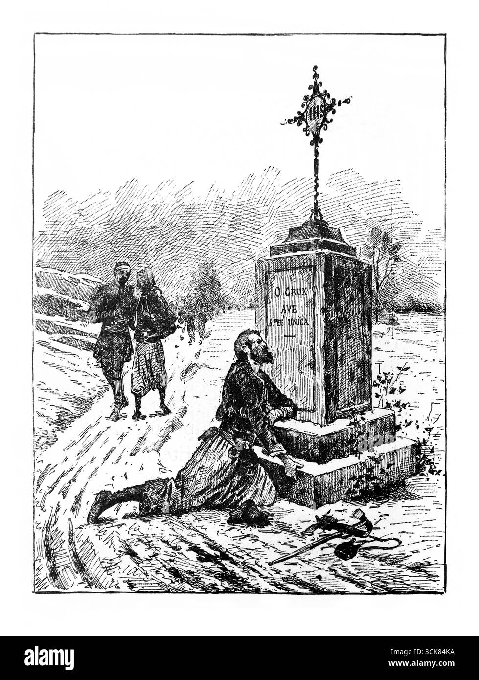 Die letzte Stufe jeder Christ ein Soldat Christi muss am Fuße des Kreuzigungsgemäldes von J. Monge aus einer Ausgabe von Le Crucifix Sans l aus dem Jahr 1902 sterben Stockfoto