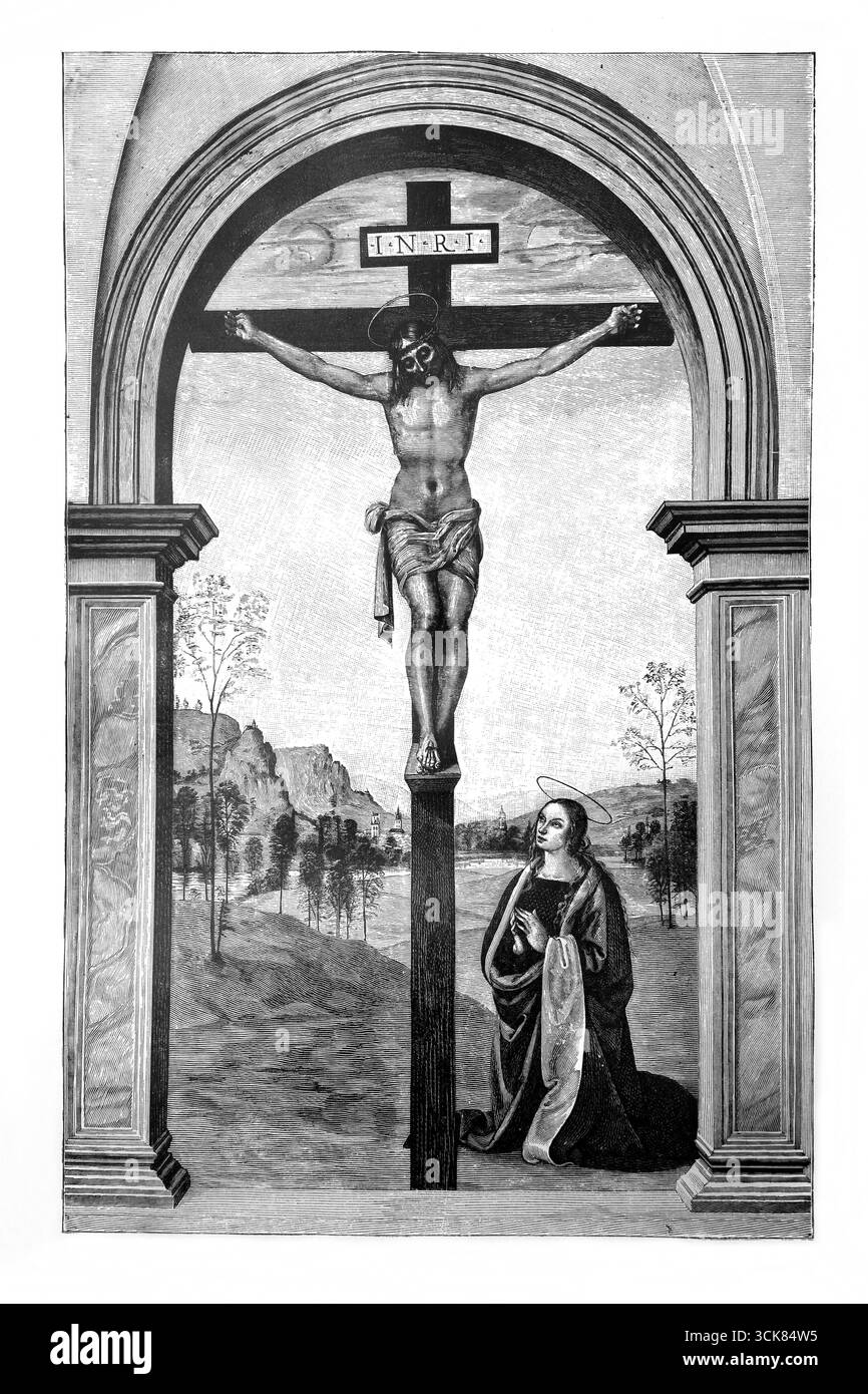 Abbildung von Jesus Christus Kreuzigung und der Heiligen Maria Magdalena betend am Fuße des Kreuzes aus dem Gemälde 'Pazzi Kreuzigung' von Perugino in Th Stockfoto