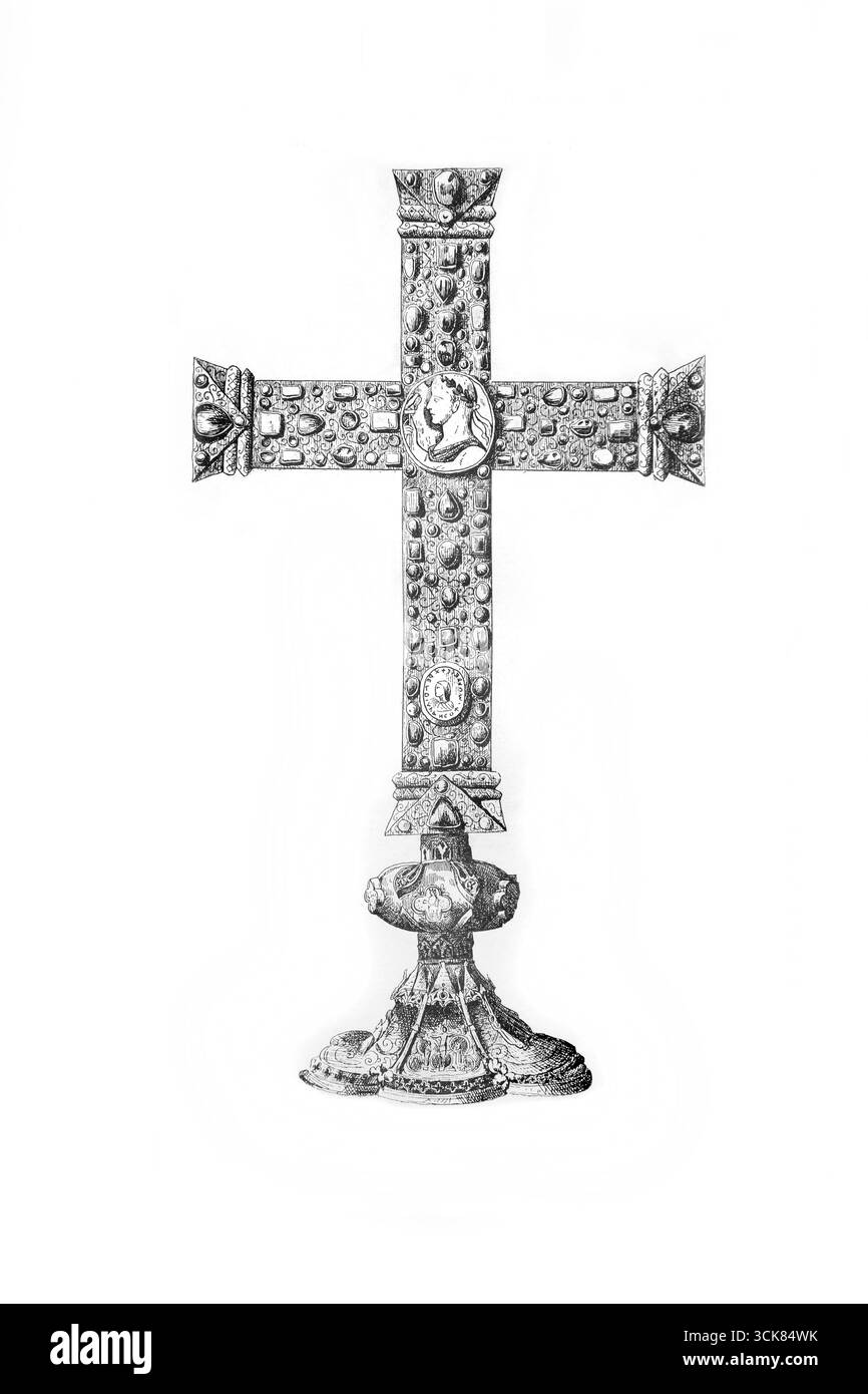 Abbildung des Kreuzes von Lothair aus dem 9. Jahrhundert (mit Ausnahme der Basis aus dem 14. Jahrhundert) im Zentrum ist ein Cameo, das den Preisträger repräsentiert Stockfoto