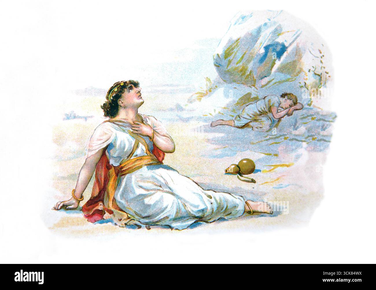 Illustration von Hagar mit Ismael, ihrem Sohn, der in der Wildnis vor Durst stirbt (Genesis) aus dem Kinderbuch des 20. Jahrhunderts das ABC der Bibel Bild Stockfoto