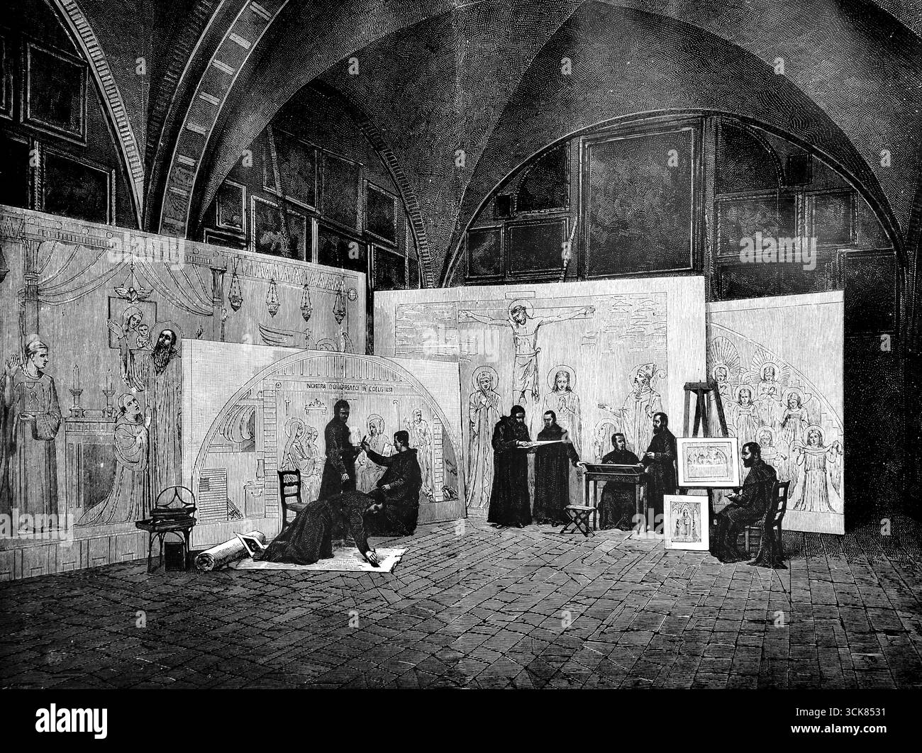 Illustration der Werkstatt der Malermönche im Turm des Heiligen Benedikt auf Monte Cassino im Jahre 1880 zur Feier des Hundertjahrs der Funde Stockfoto