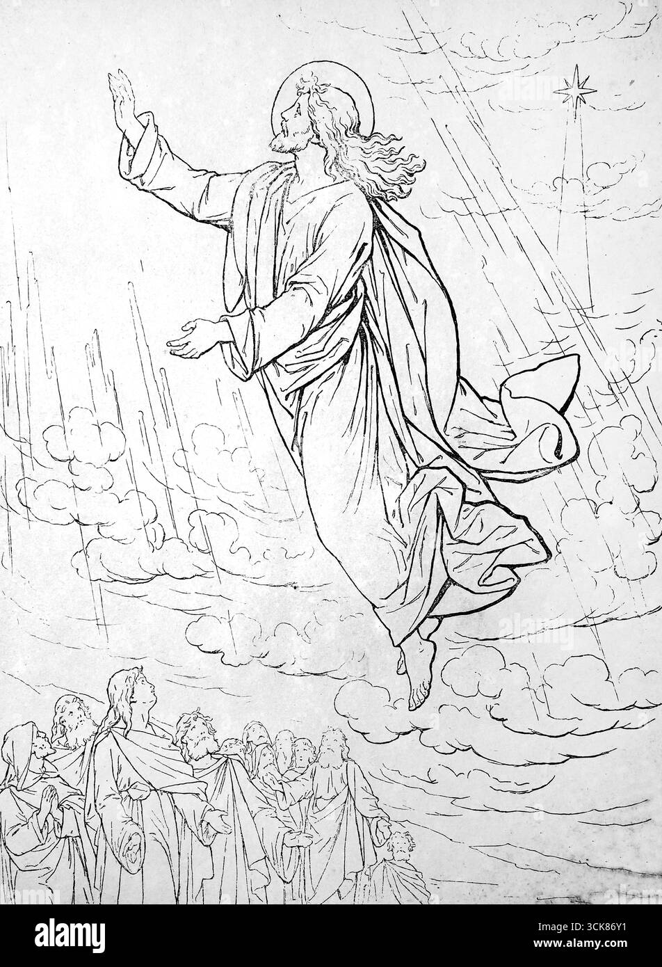 Illustration der Himmelfahrt Jesu Christi (Lukas) aus dem Kinderbuch des 20. Jahrhunderts das ABC der Bibelbilder Stockfoto