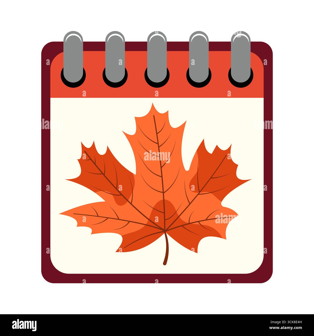 Herbstkalender-Symbol mit Ahornblatt. Vektorabbildung. Eine Kalenderseite mit einem leuchtend orangefarbenen Ahornblatt, das die Herbstsaison symbolisiert. Stock Vektor