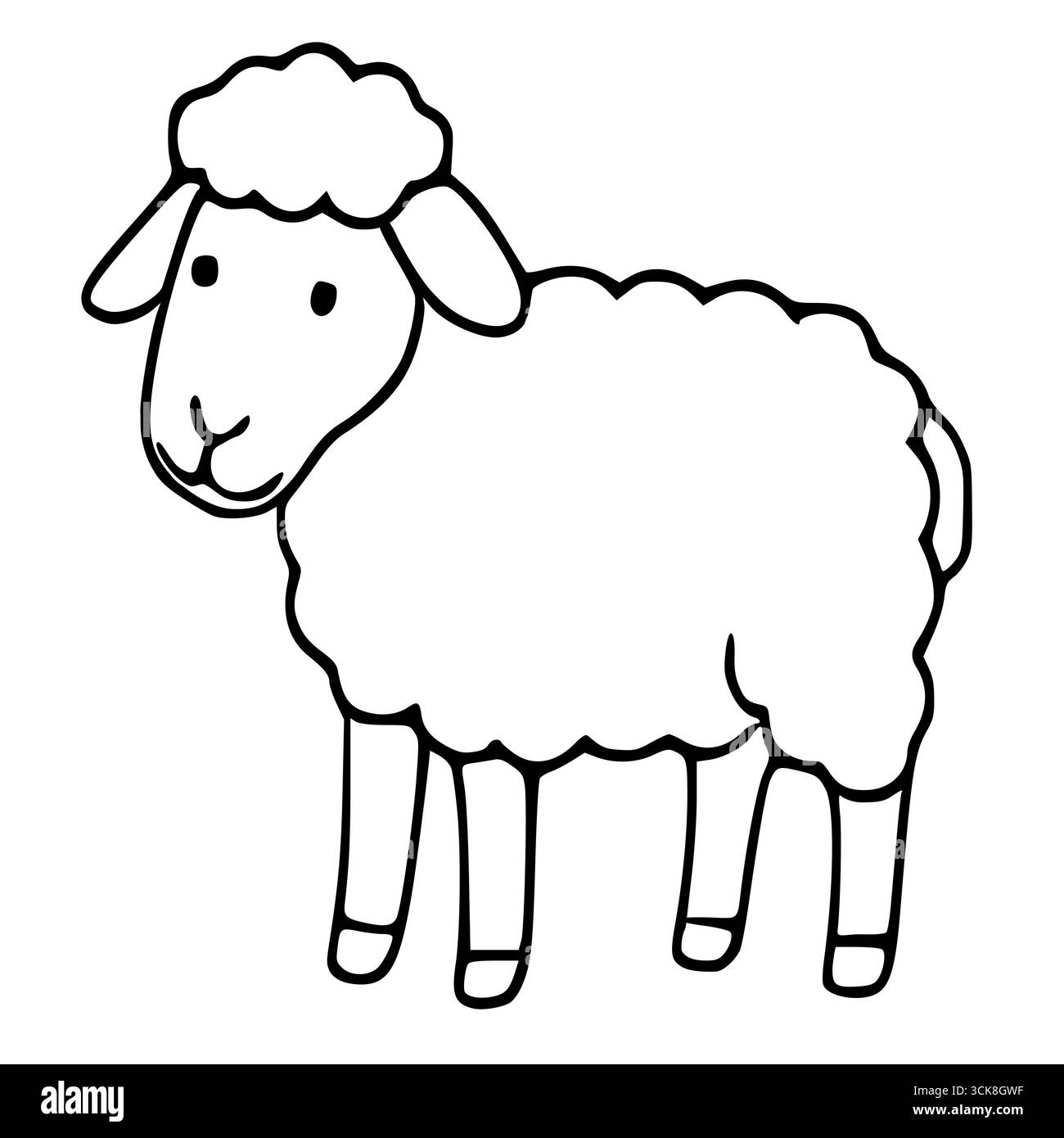 Entzückende Vektorillustration eines Zeichentrickschafs, gekennzeichnet durch sein schlichtes Design mit auffälligen Umrissen und eine flauschige, wolkenartige Wollstruktur. Stock Vektor