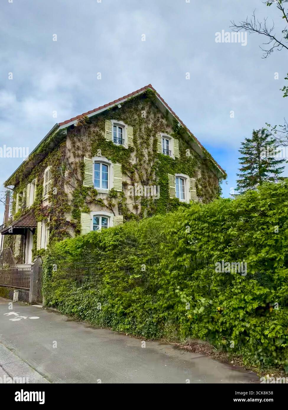 Traditionelles Steinhaus bedeckt mit grünem Efeu unter einem klaren blauen Himmel, Symbol für ländlichen Charme und Erbe Stockfoto