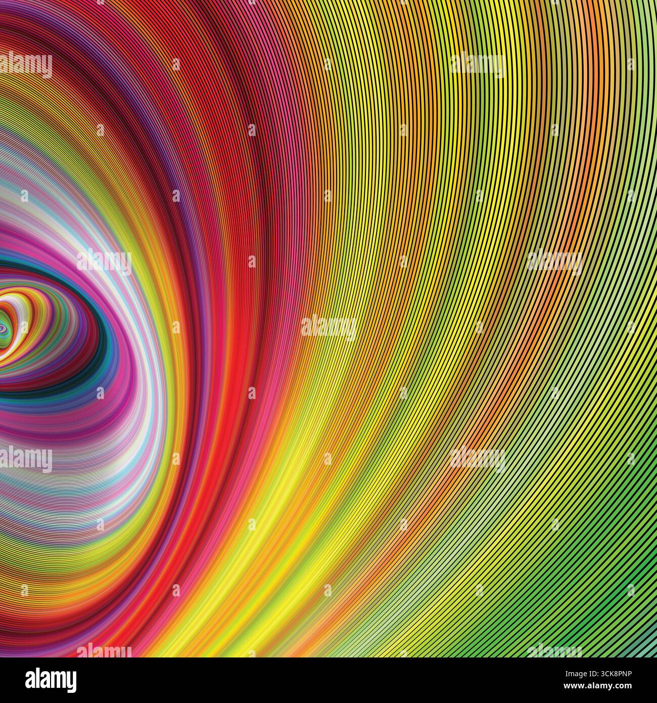 Lebendiges, wirbelndes Regenbogenmuster mit geschwungenen Verlaufslinien für dynamische, abstrakte Bewegungen Stock Vektor