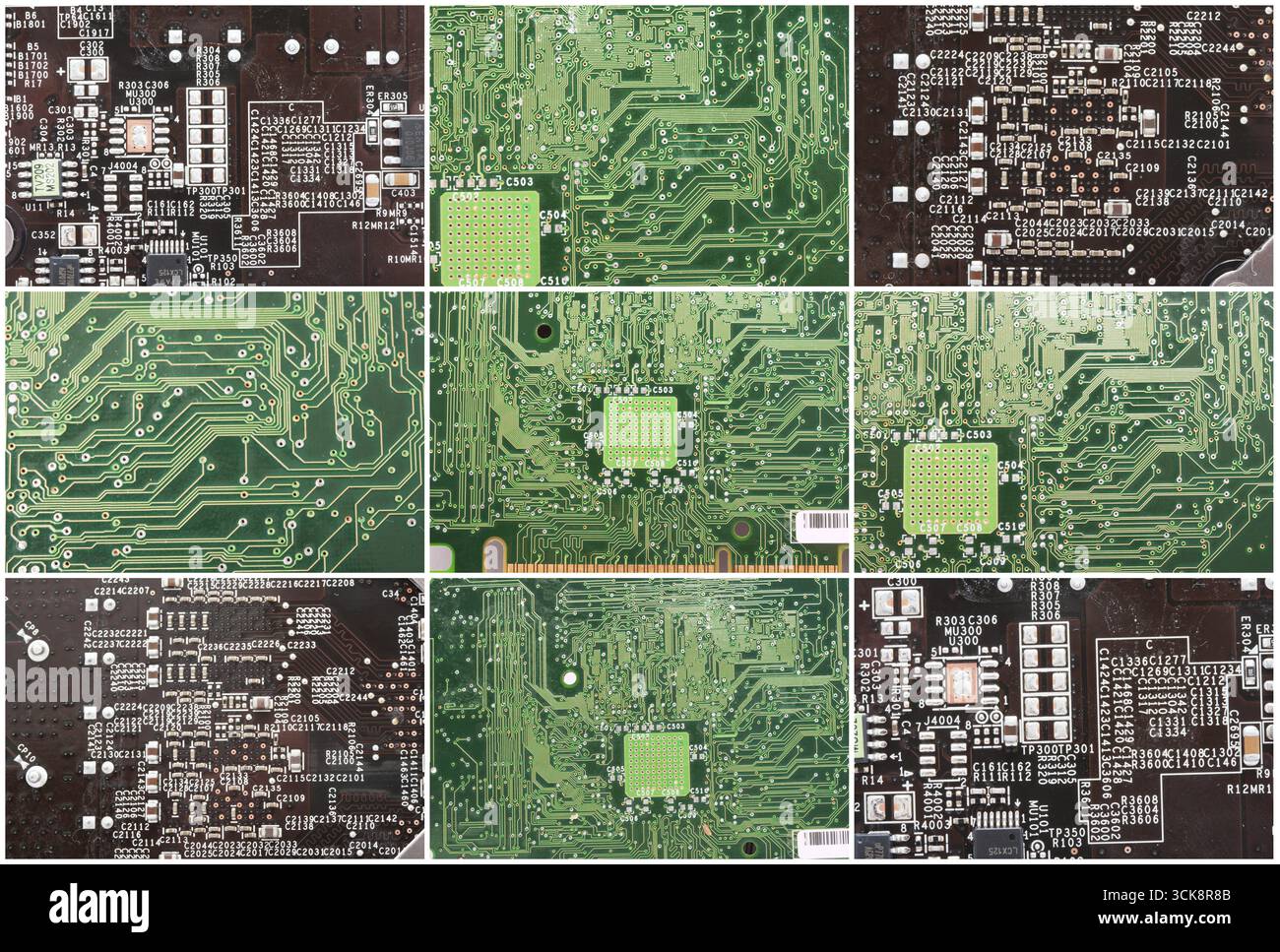 Nahaufnahme Foto der Elektronikplatine mit integrierten Mikrochips Stockfoto