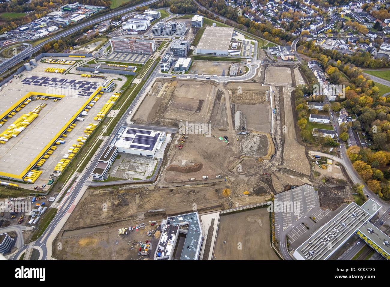Luftaufnahme, große Baustelle Mark 51/7, O-Werk Campus und neues Wissenschafts- und Technologieviertel, ehemaliger Opel-Standort, Max-Planck-Institut, Laer, Bo Stockfoto