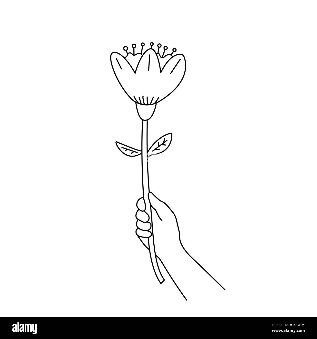 Eine Umrissdarstellung einer Hand, die eine Blume hält. Stock Vektor
