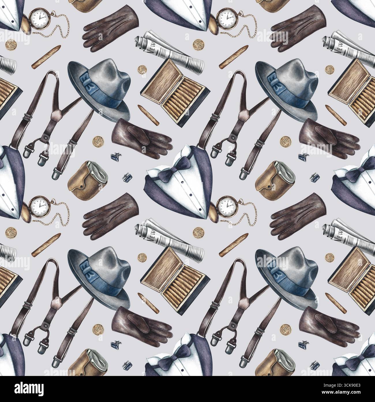 Nahtloses Herrenmuster mit Herrenaccessoires. Handgezeichnete Aquarellillustration. Perfekt für Textilien, Geschenkpapier, Verpackungen, Urlaubsdekor Stockfoto