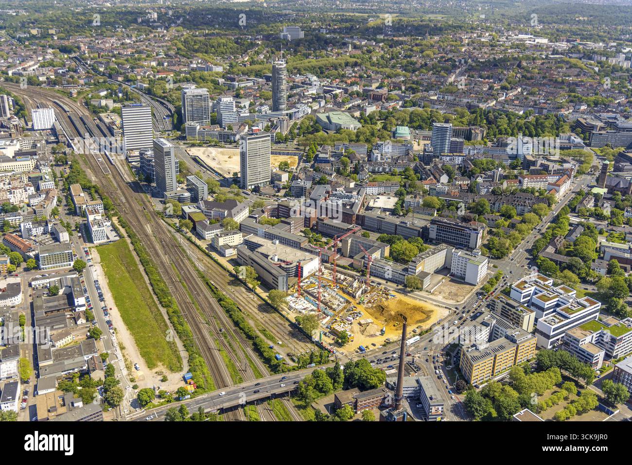 Luftaufnahme, Baustelle neues Literaturviertel für Büros und Wohnungen an der Sachsenstraße, Baustelle Campus Essen, Geschäftsviertel Th Stockfoto