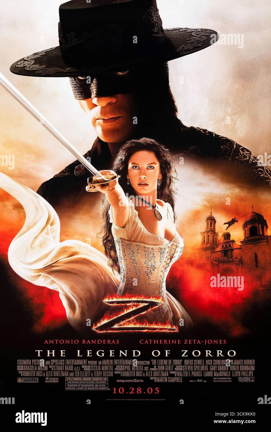The Legend of Zorro (2005) von Martin Campbell mit Antonio Banderas, Catherine Zeta-Jones und Rufus Sewell. Zorro kämpft darum, seine Ehe und Vaterschaft mit der Notwendigkeit in Einklang zu bringen, Kalifornien vor einer geheimen Ordnung zu schützen, die darauf abzielt, sein Streben nach Eigenstaatlichkeit zu sabotieren, und sieht sich persönlichen und politischen Bedrohungen gegenüber, wenn alte Feinde zurückkehren. Foto eines Original-Posters aus dem Jahr 2005 (USA), das NUR FÜR REDAKTIONELLE ZWECKE VERWENDET WIRD. Quelle: BFA / Sony Pictures Entertainment Stockfoto