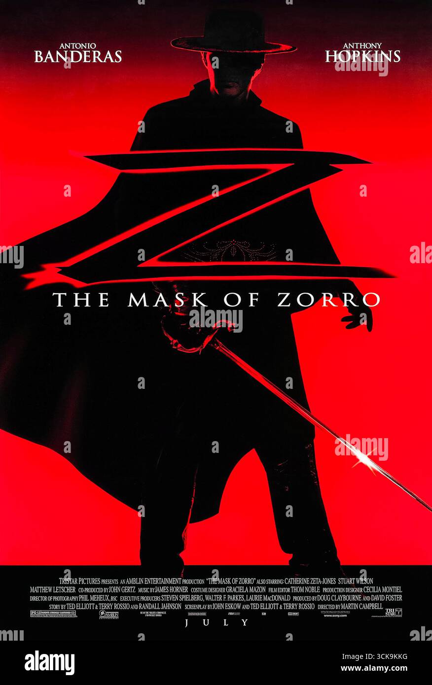 The Mask of Zorro (1998) von Martin Campbell mit Antonio Banderas, Anthony Hopkins und Catherine Zeta-Jones. Der alternde Zorro Don Diego de la Vega entkommt dem Gefängnis, um seinen Nachfolger Alejandro Murrieta in der Suche nach Rache und Gerechtigkeit gegen den korrupten Gouverneur auszubilden, der seine Familie zerstörte, was zu maskierten Heldentaten und Romantik im Kalifornien des 19. Jahrhunderts führte. Foto eines Original-Posters aus dem Jahr 1998 (USA), das NUR FÜR REDAKTIONELLE ZWECKE VERWENDET WIRD. Quelle: BFA / Sony Pictures Entertainment Stockfoto