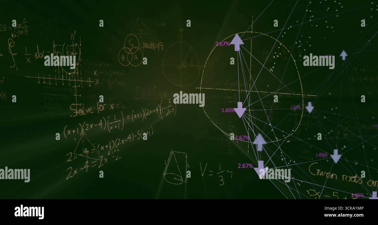 Anzeigen eines kreisförmigen Netzdiagramms mit grünen Gleichungen und Pfeilen auf dem Schwarzen Brett, Kopierraum Stockfoto