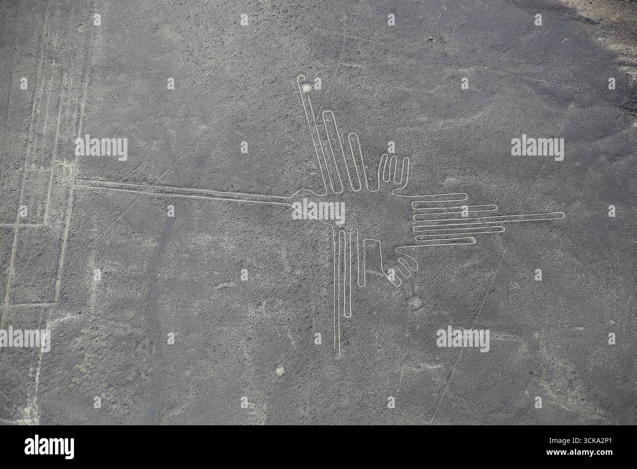 Luftaufnahme von Nazca-Linien - Kolibri Geoglyph, Peru. Die Linien wurden im Jahr 1994 als UNESCO-Weltkulturerbe ausgewiesen. Stockfoto