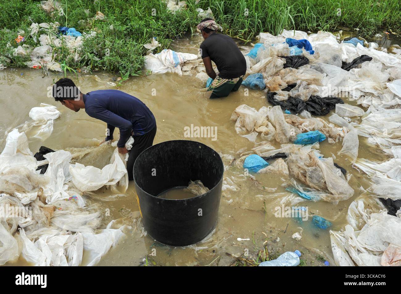 Feni, Bangladesch. September 2025. Die Arbeiter waschen gebrauchte Plastikbeutel in Wasser, bevor sie sie zur Wiederaufbereitung in Recyclingfabriken schicken. Ihre Arbeitskräfte unterstützen zwar die informelle Recyclingindustrie, setzen sie jedoch ernsthaften Gesundheitsrisiken durch giftiges Wasser und chemische Rückstände aus und verbreiten Mikroplastik zurück in die Umwelt. Am 10. September 2025 in Feni, Bangladesch. (Foto: MD Rafayat Haque Khan/ Credit: Eyepix Group/Alamy Live News Stockfoto