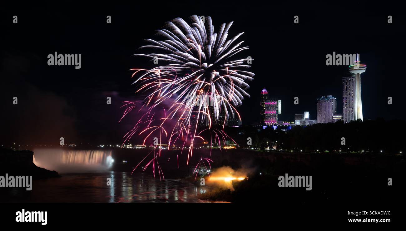 Niagarafälle Feuerwerk über Horseshoe Falls - unscharfer Wasserfall bei Nacht Farbe / farbige Lichter auf unscharfen Wasserfällen bunt / farbige Reflexe Stockfoto
