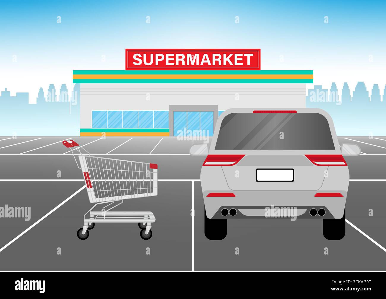 Einkaufswagen oder Einkaufswagen auf dem Parkplatz des Supermarktes. Einkaufskonzept. Vektorabbildung. Stock Vektor